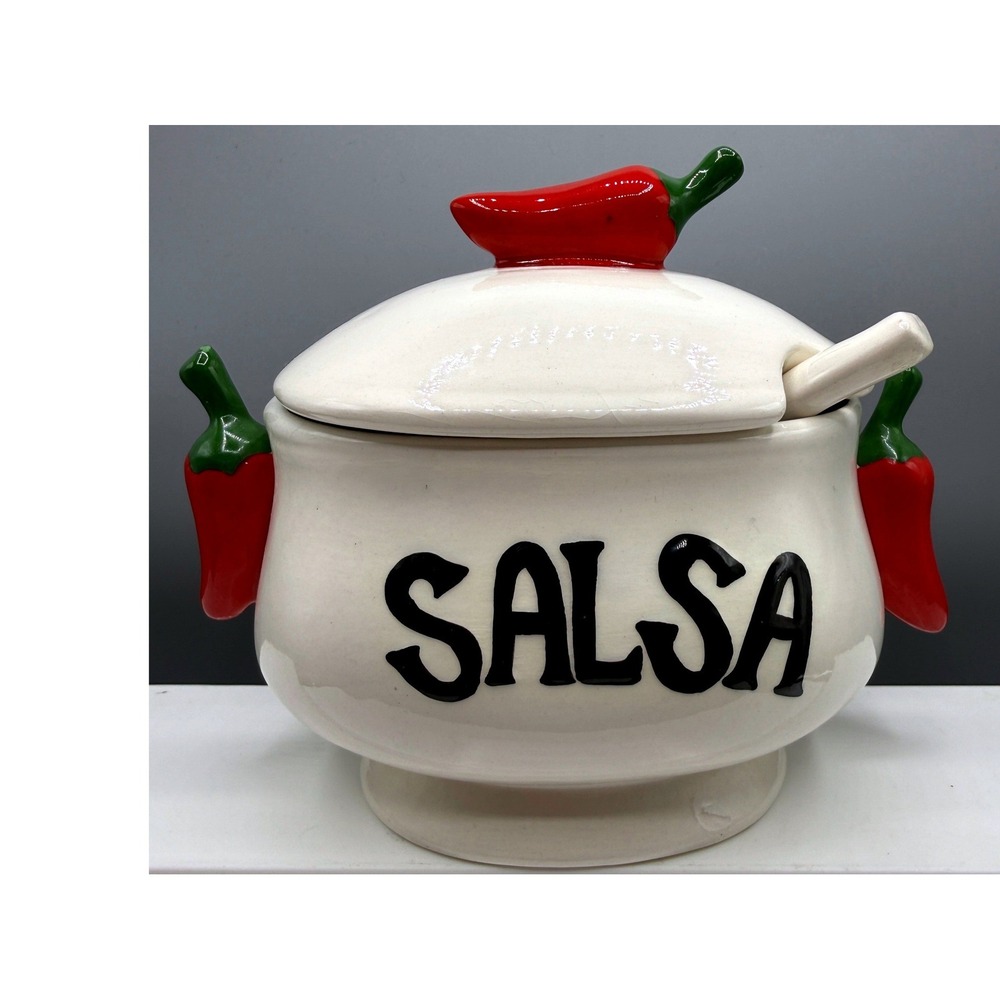 Ceramic Salsa Bowl with Lid and Spoon Red Chili Pepper Handles White Glossy - Picture 1 of 16